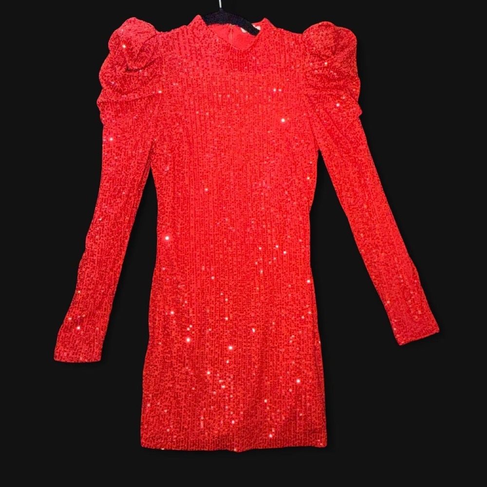 TCEC Red Sequin Puff Sleeve Bodycon Mini Dress Size Small